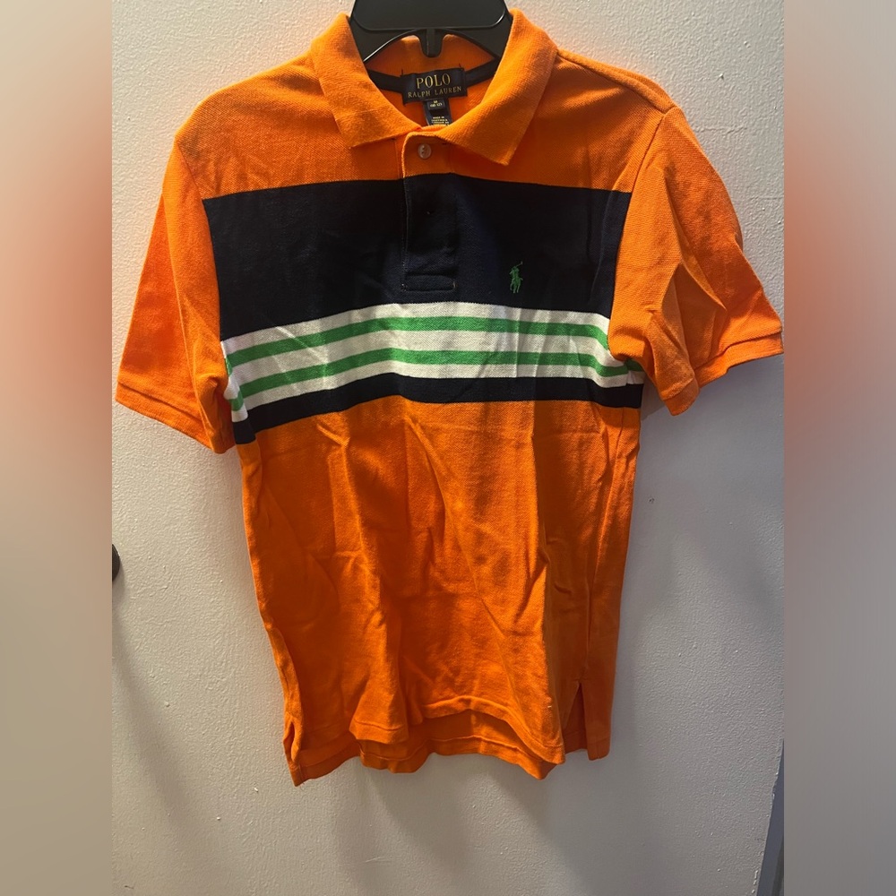 Polo Ralph Lauren Boys’ Size 10-12 Orange and Blue Striped Polo w/ Green Horse